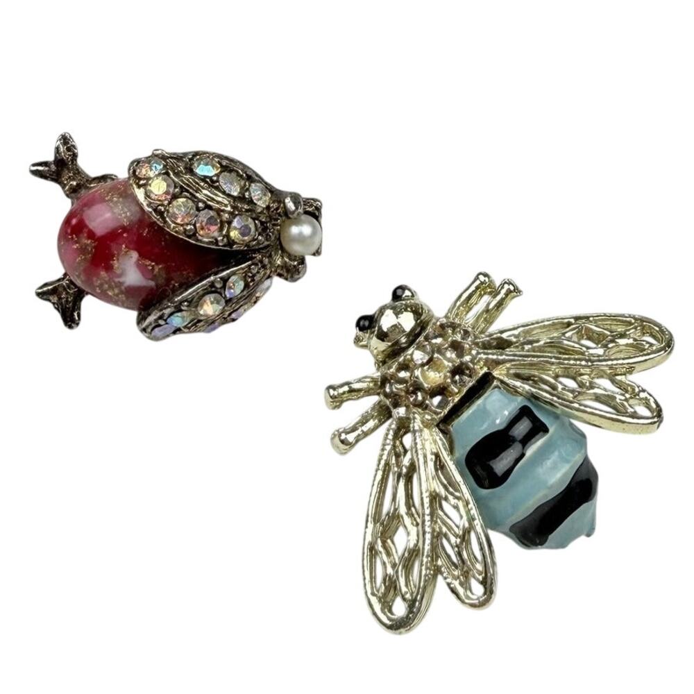Vintage AJC Beetle & Bee Brooches Insect Pins Gold Brass Tone Set of 2